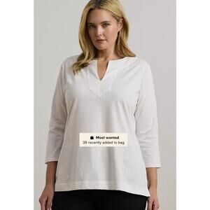 Lauren Ralph Lauren Black Label Womens 3X White Split Neck 3/4 Sleeve Tunic Top